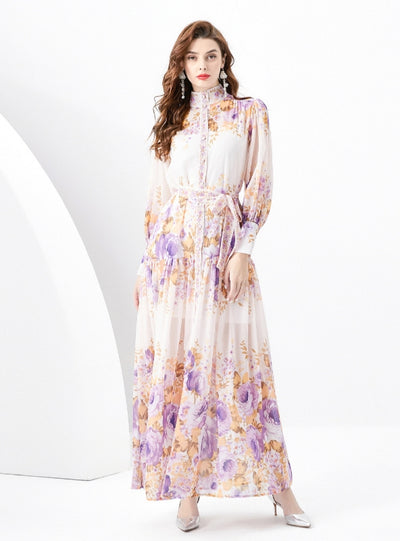 Retro Long Sleeve Slim Printed Dress