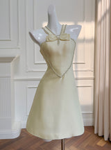 Yellow Satin Bow Beading Prom Dress