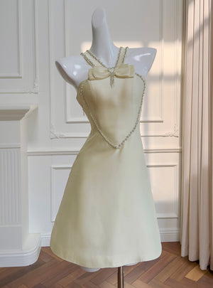 Yellow Satin Bow Beading Prom Dress