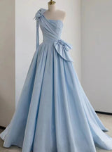 Blue Satin One Shoulder Pleats Bow Prom Dress