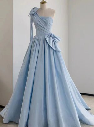 Blue Satin One Shoulder Pleats Bow Prom Dress