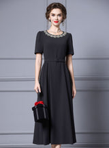 Black Short Sleeve Crystal Belt Mother Of The Bride Dress
