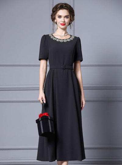 Black Short Sleeve Crystal Belt Mother Of The Bride Dress