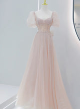 Pink Tulle Puff Sleeve Beading Prom Dress