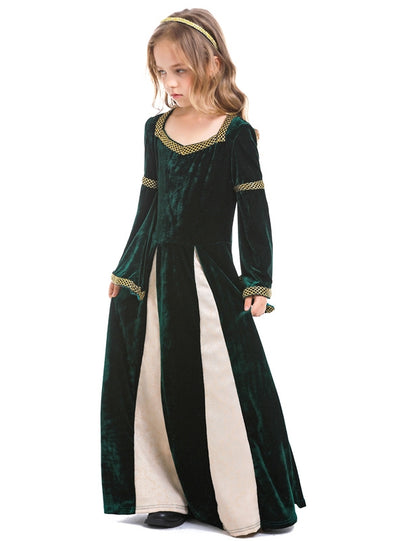 Retro Medieval Girls' Dark Green Horn Sleeve Dress