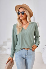 V-neck Jacquard Button Loose T-shirt