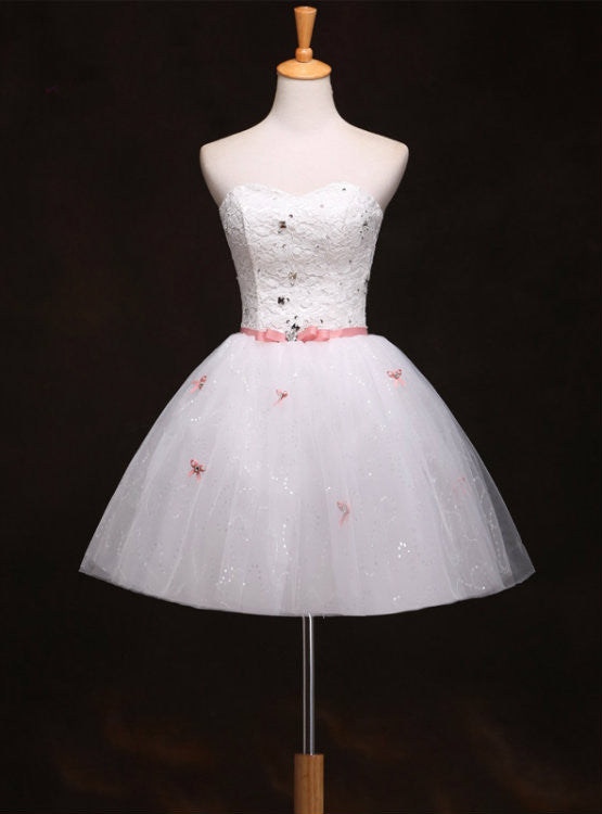 White Lace Tulle Strapless Homecoming Dress