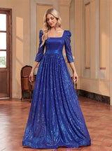 Blue Sequins Long Sleeve Prom Dress