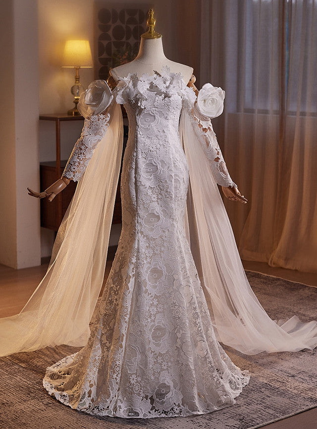 White Mermaid Lace Long Sleeve Wedding Dress