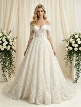 Vintage Lace Short Sleeve Beading Wedding Dress