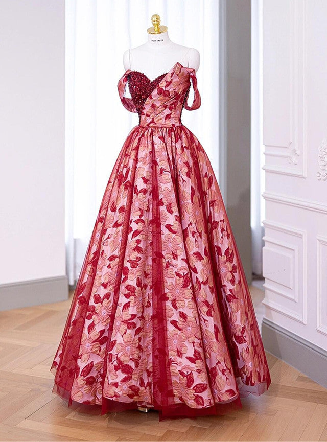 Burgundy Print Sequins Off the Shoulder Prom Dress