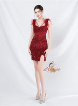 Short Sequins Straps Feather Prom Dress