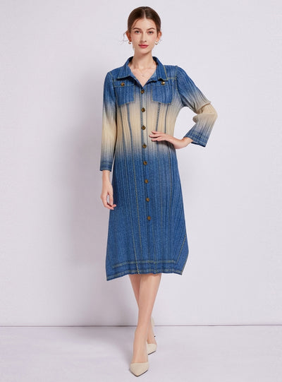 Retro Denim Print Long Sleeve Pleated Dress