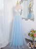 Blue Tulle V-neck Beading Prom Dress