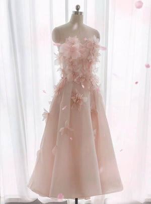 Pink Tulle Strapless 3D Flower Prom Dress