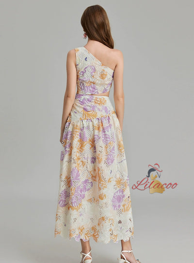 Embroidered Printed One-shoulder Slim Dress