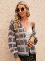 Loose Plaid Knit Cardigan Sweater Coat