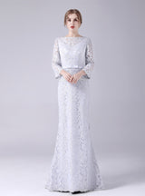 Gray Lace Long Sleeve Mother Of The Bride Dress