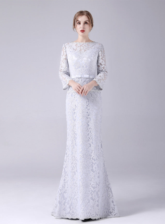 Gray Lace Long Sleeve Mother Of The Bride Dress