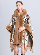 Hooded Fringed Loose Jacquard Cloak Shawl