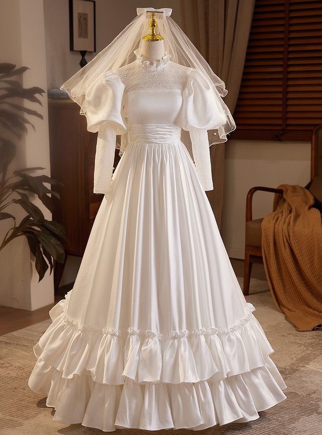 White Satin High Neck Long Sleeve Wedding Dress