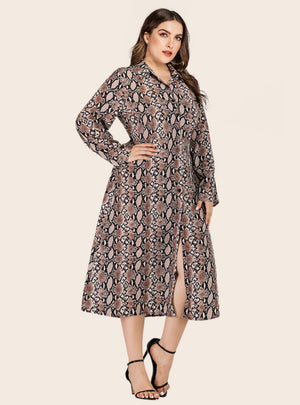 Lapel Snakeskin Casual Printed Long Sleeve Dress