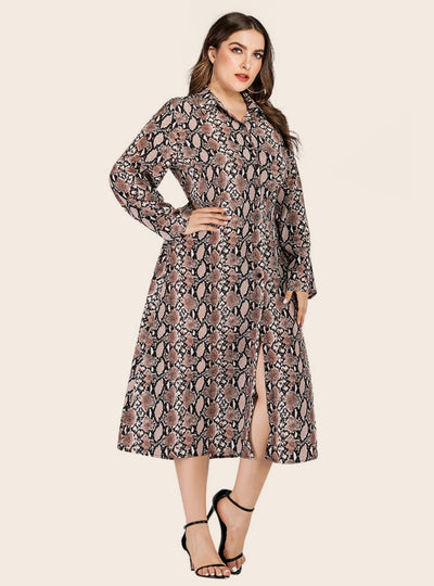 Lapel Snakeskin Casual Printed Long Sleeve Dress