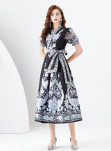 V-neck Lantern Sleeve Long Printed Dress