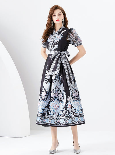 V-neck Lantern Sleeve Long Printed Dress