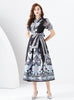 V-neck Lantern Sleeve Long Printed Dress