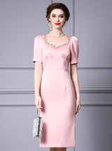 Pink Satin Short Sleeve Mother Of The Bride Dress