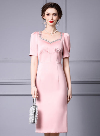 Pink Satin Short Sleeve Mother Of The Bride Dress
