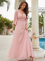 Pink Chiffon V-neck Short Sleeve Prom Dress