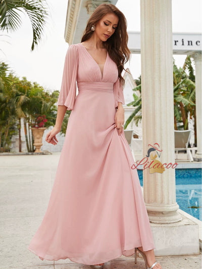 Pink Chiffon V-neck Short Sleeve Prom Dress