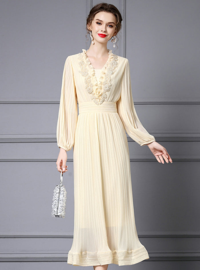 Long Sleeve Pleats Beading Mother Of The Bride Dress