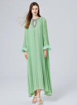 Diamond Beaded Feather Stitching Pleated Loose Dress
