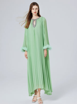 Diamond Beaded Feather Stitching Pleated Loose Dress