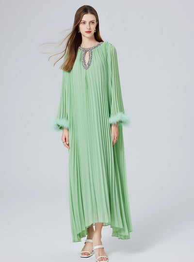 Diamond Beaded Feather Stitching Pleated Loose Dress