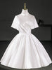 White Satin High Neck Pleats Wedding Dress