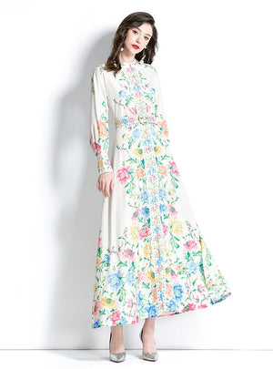 Long-sleeved Holiday Lantern Sleeve Printed Dress