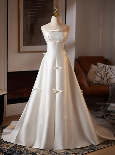 White Satin Strapless Bow Wedding Dress