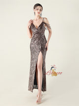 V-neck Mermaid Sequins Spaghetti Straps Beading Prom Dress