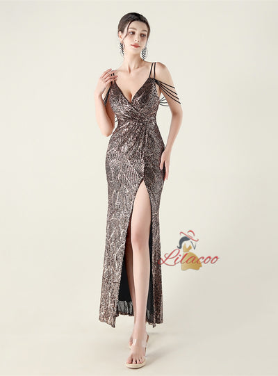 V-neck Mermaid Sequins Spaghetti Straps Beading Prom Dress