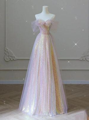 Pink Tulle Sequins Off the Shoulder Prom Dress