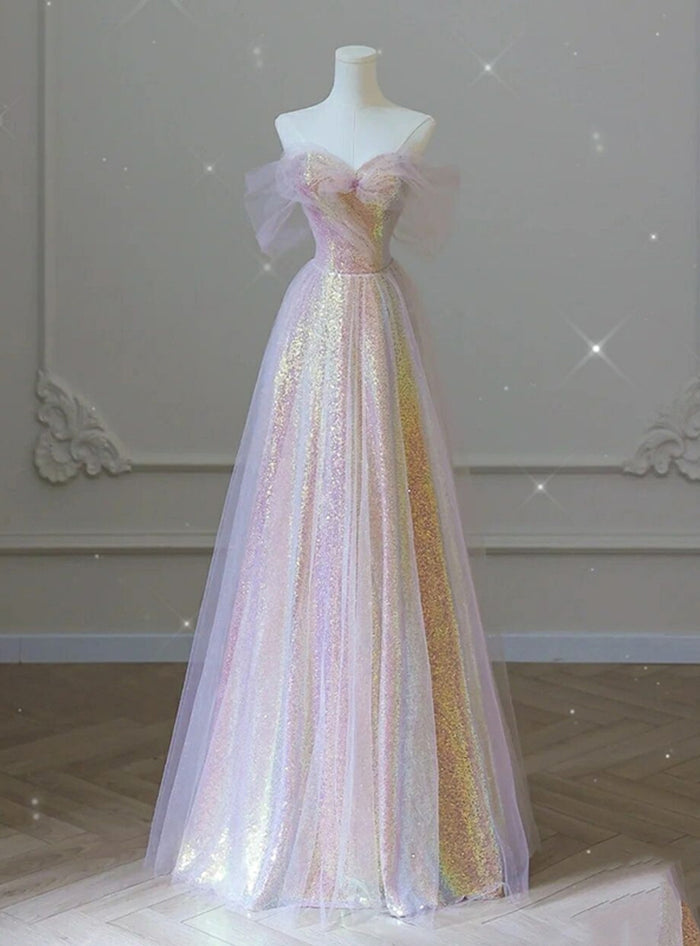 Pink Tulle Sequins Off the Shoulder Prom Dress