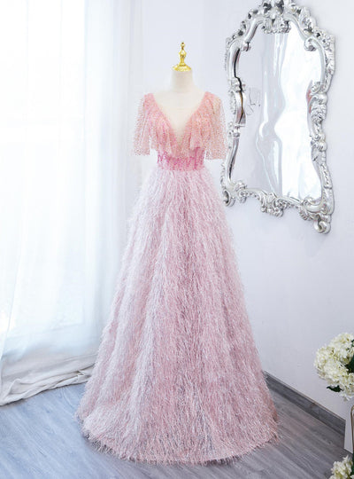 Pink Tassel Sequins Beading Prom Dress