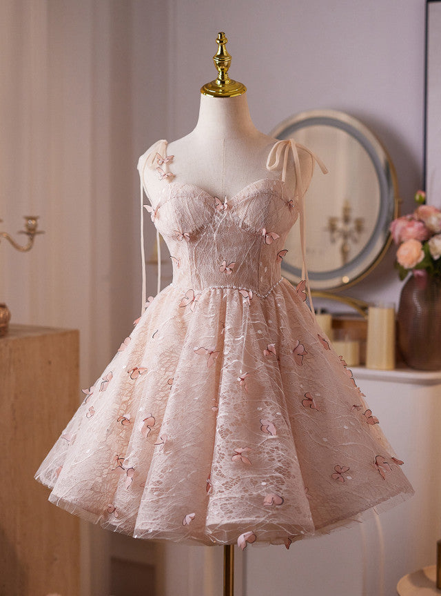 Pink Lace Straps Butterfly Homecoming Dress