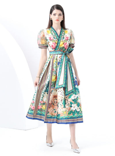 Short-sleeved Wide Swing Print Long Dress