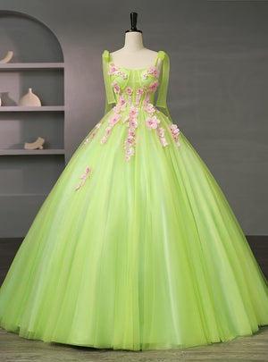 Green Tulle Straps Pink 3D Appliques Quinceanera Dress