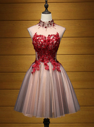 Burgundy Lace Appliques Beading Backless Homecoming Dress